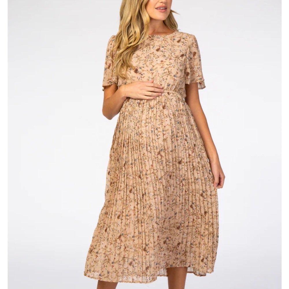 Beige Floral Pleated Chiffon Maternity Midi Dress. Size Small, Only Worn x2